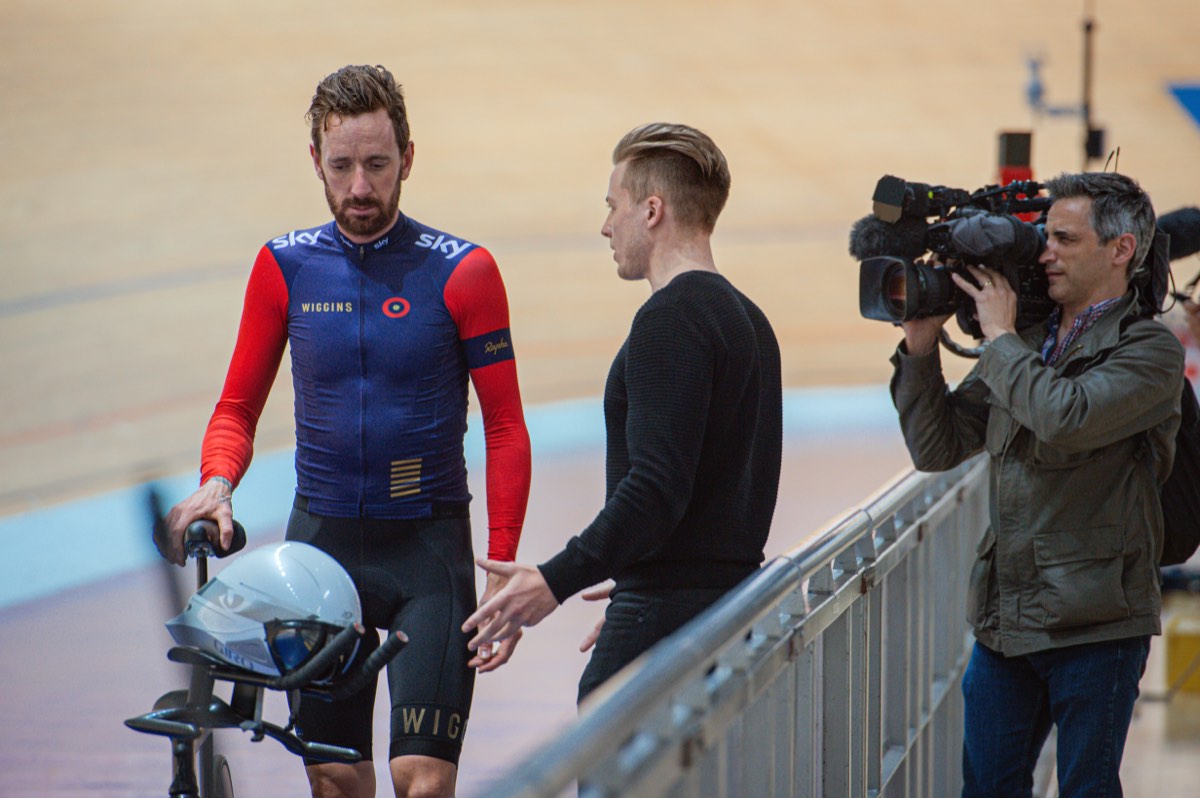 Gareth Winter trackside with Sir Bradley Wiggins at the Hour Record