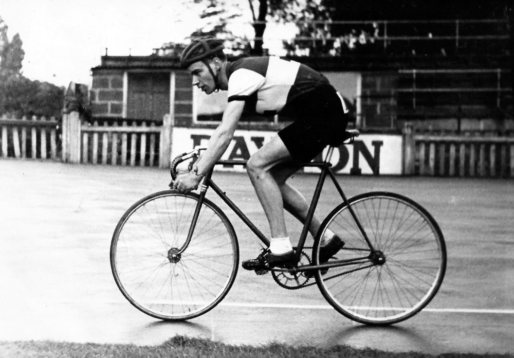 Martyn Winter racing on the track, black and white photograph