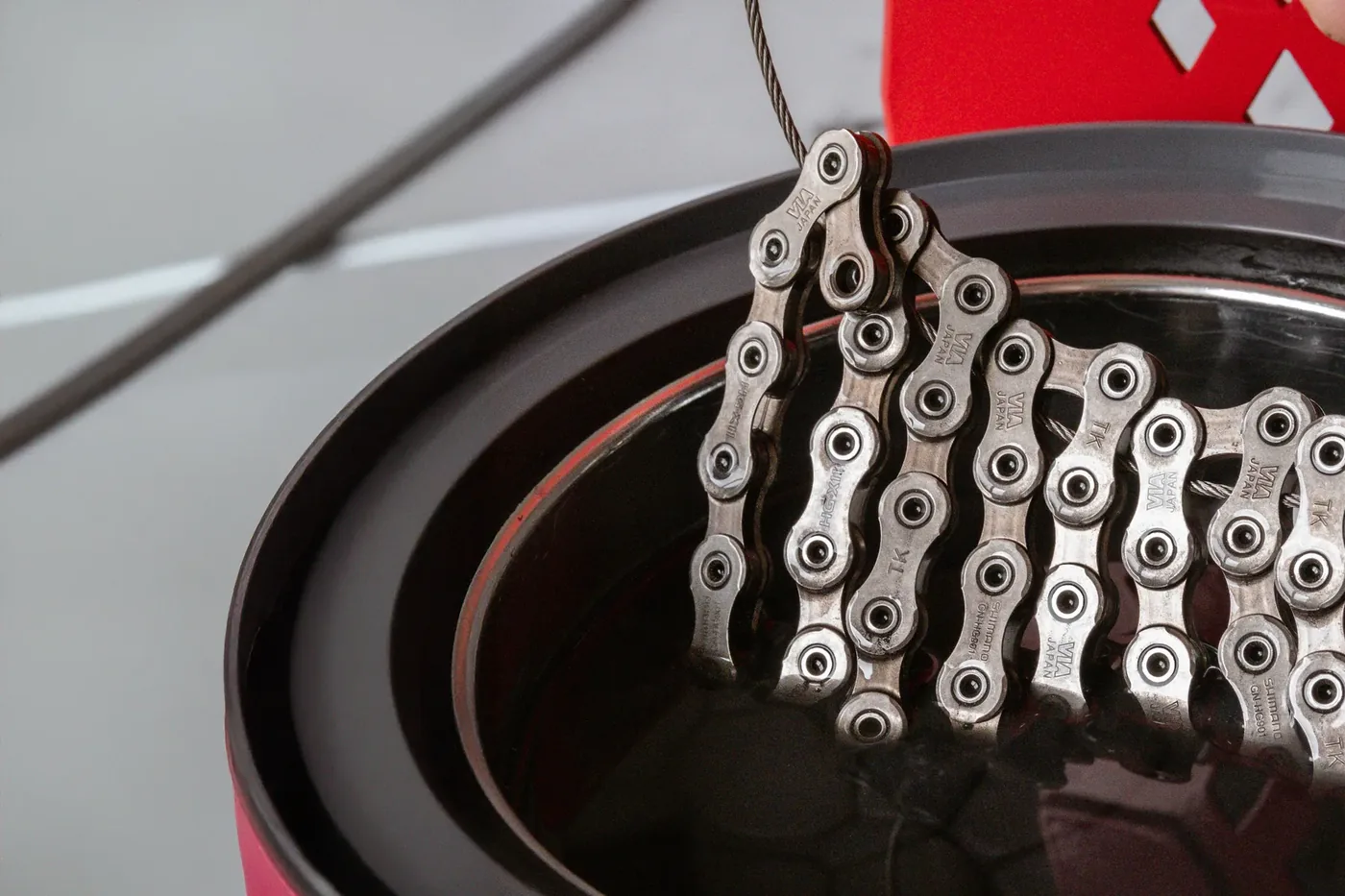A waxed chain on the workshop bench